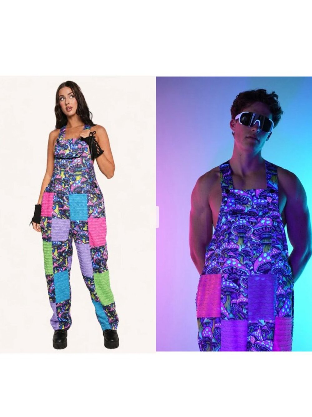 Iheartraves Glowshroom Trippy Mushroom UV Blacklight Reactive overalls- Large